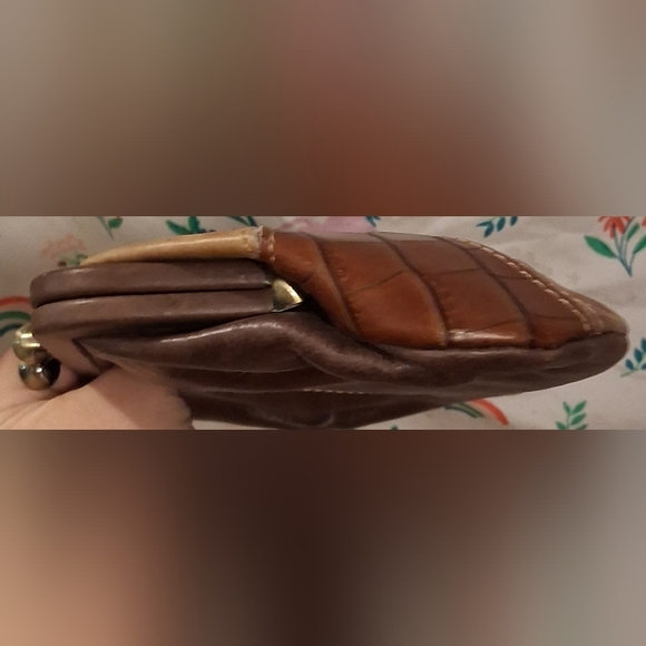 EUC Vintage Fossil Burgundy & Mocha Suede Boho Kiss Lock Clutch Purse Bag - Picture 7 of 10